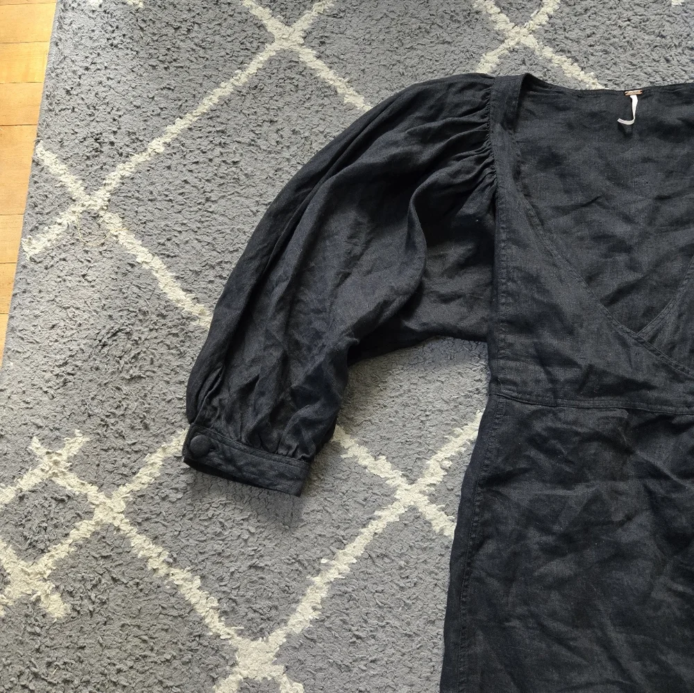 FREE PEOPLE Black Linen Carino Mini Wrap Dress Small Petite - Picture 7 of 14